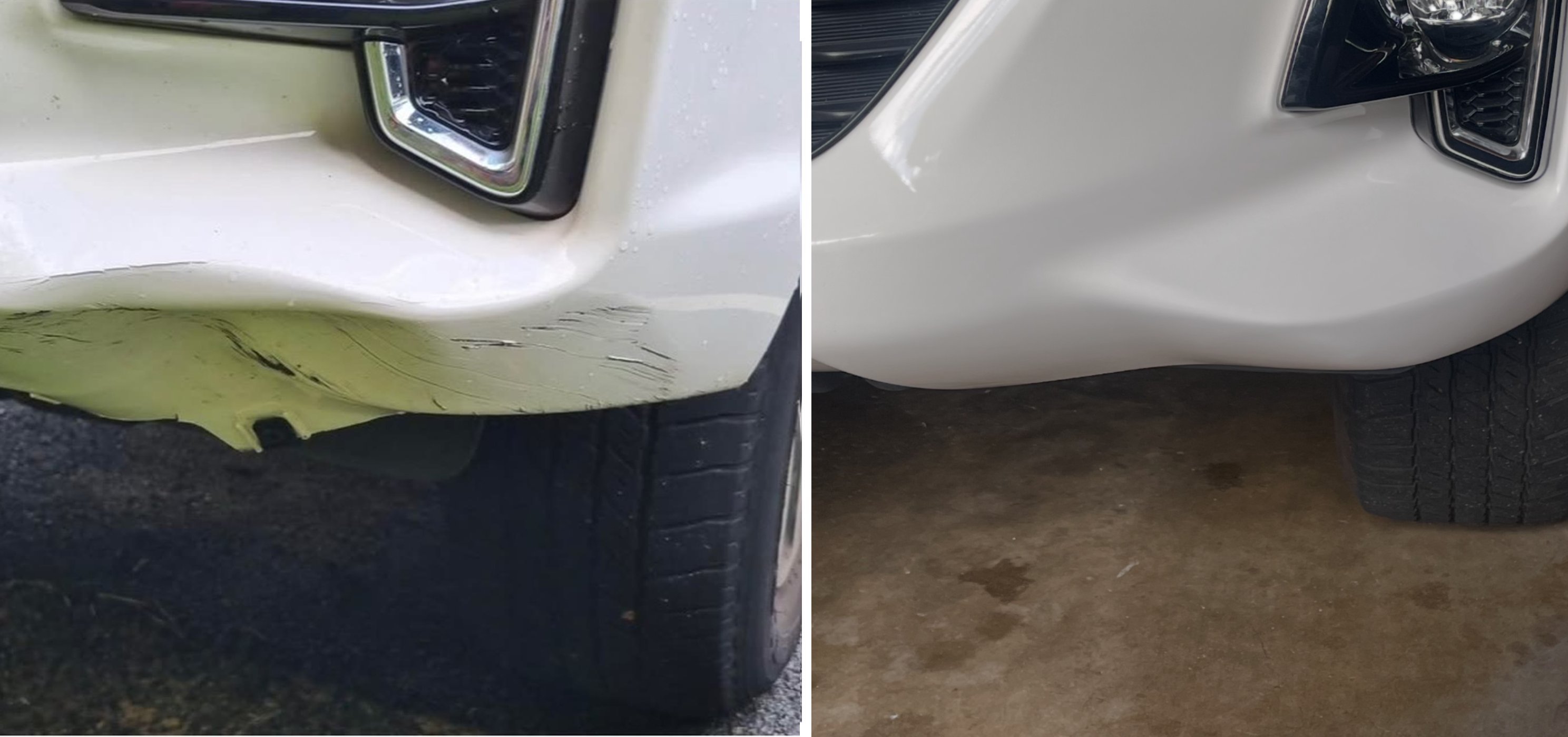 White SUV front bumper torn and scraped through the paint, repaired and cleared back to factory white