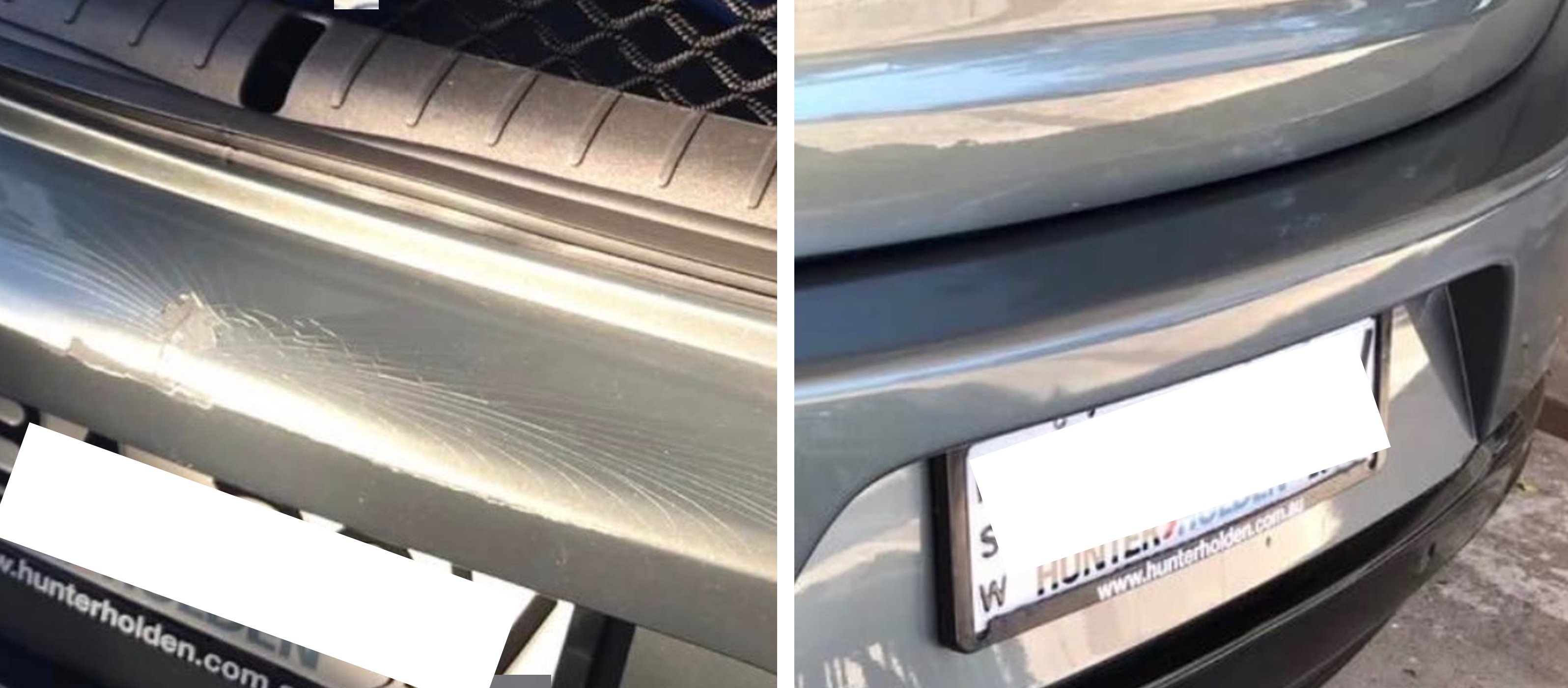 Silver Holden Calais rear bumper with a scrape and split, repaired and refinished back to factory silver