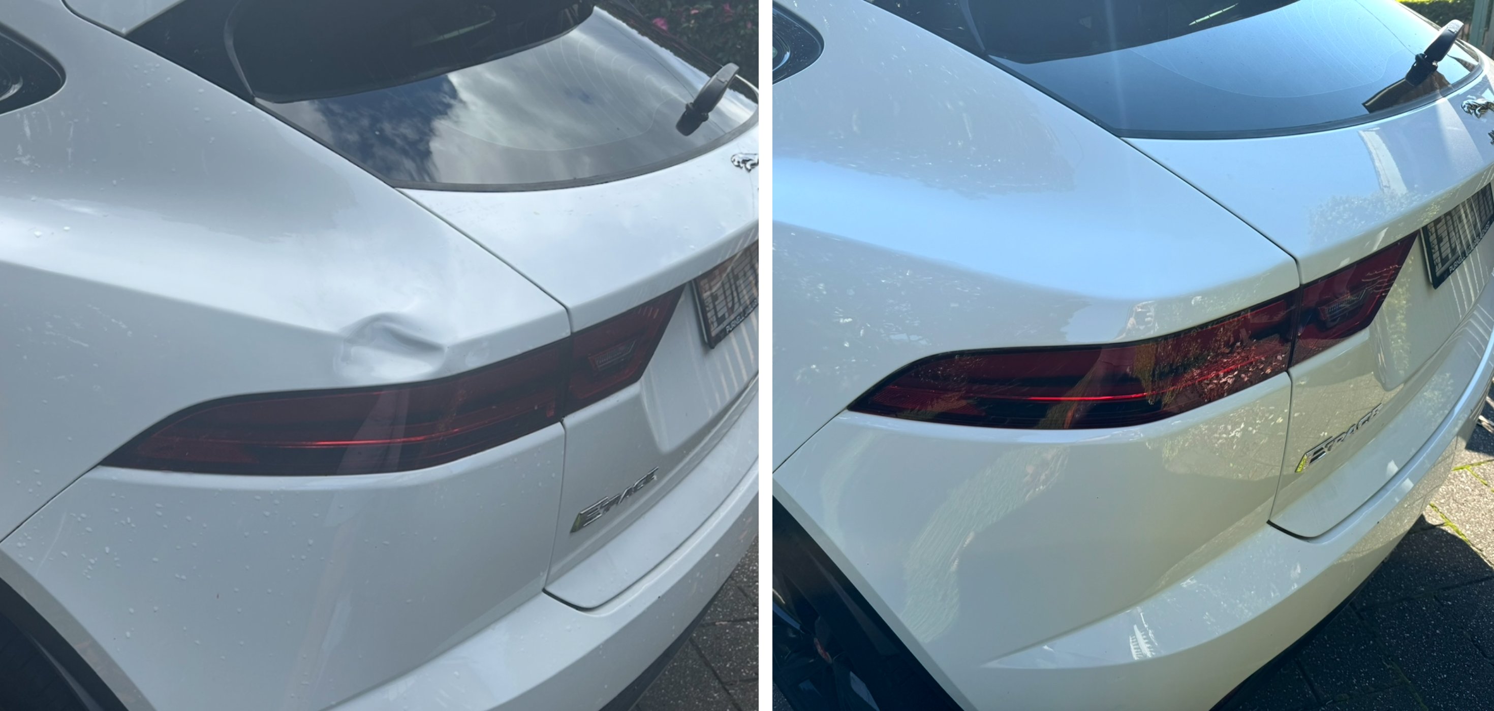 White Jaguar E-Pace with a dent on the rear quarter panel, repaired and blended back to factory white