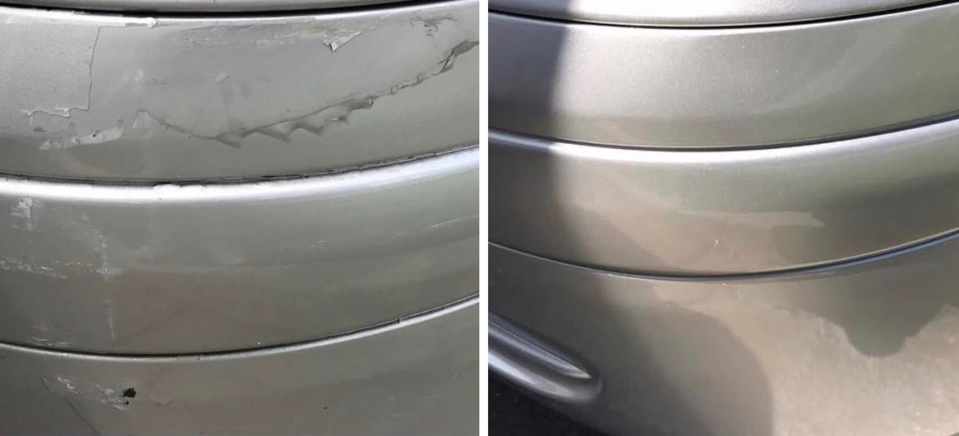 Silver Mercedes front bumper corner with cracked and peeling paint, sanded, primed and refinished back to factory silver