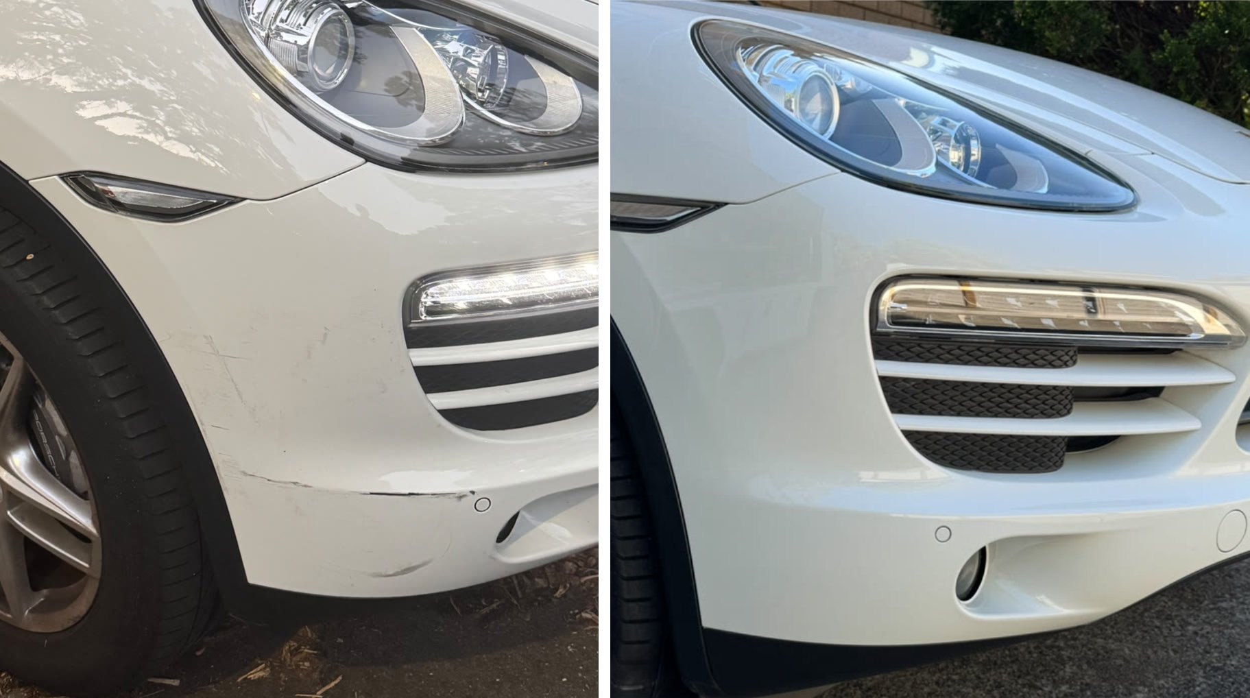 White Porsche Cayenne bumper scrape repaired in Dee Why