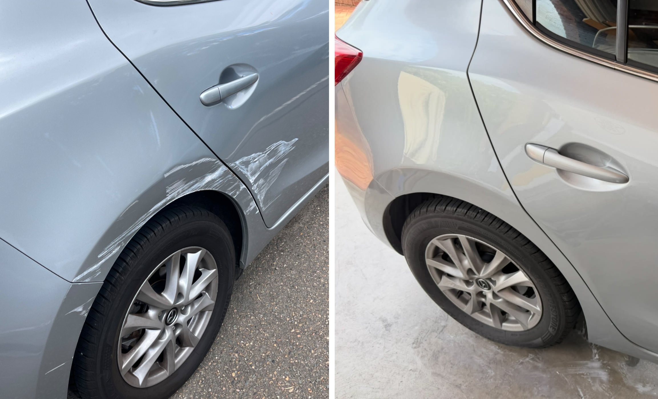 Silver Mazda rear quarter and door — dent and scratch repair, colour-matched