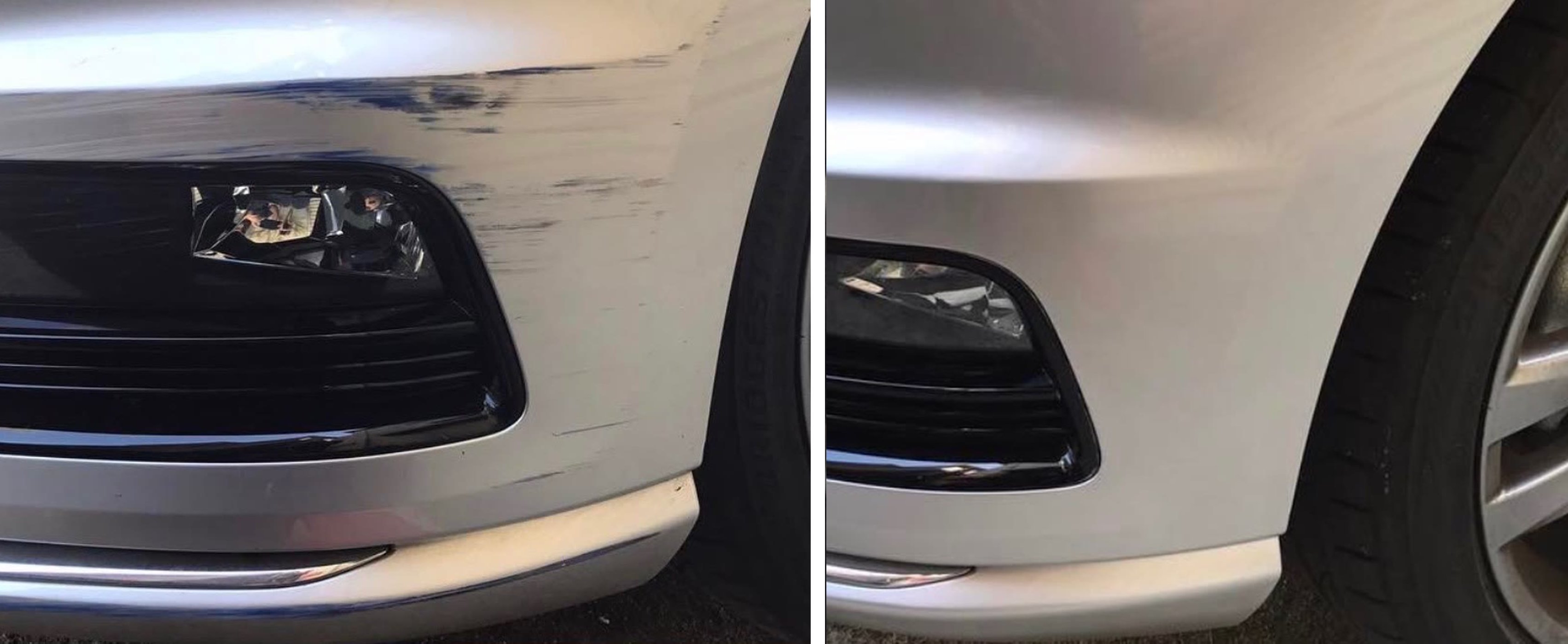 Silver Volkswagen front bumper with heavy black paint transfer and scrape, polished and repaired back to factory silver