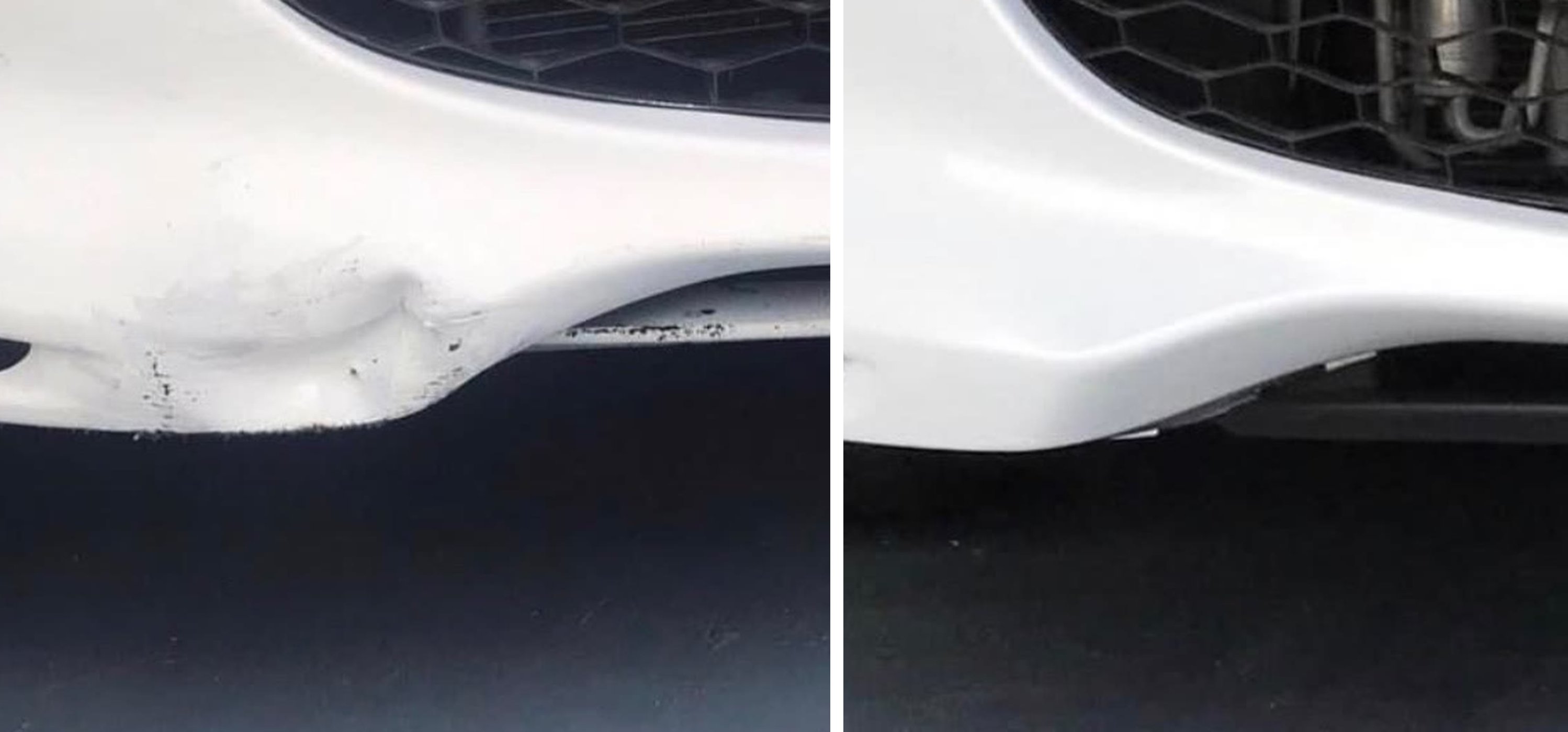 White car front bumper with a deep crease and scrape, repaired and refinished back to factory white