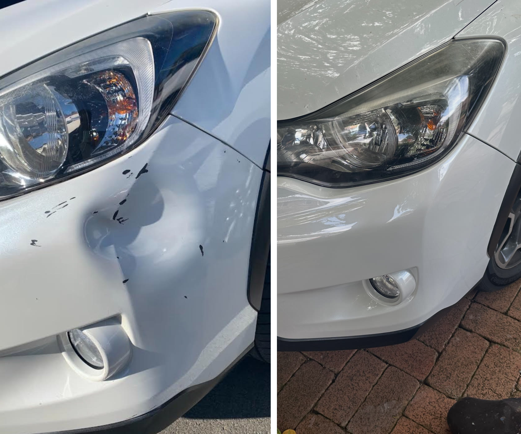 Front fender dent and paint transfer pulled and cleaned